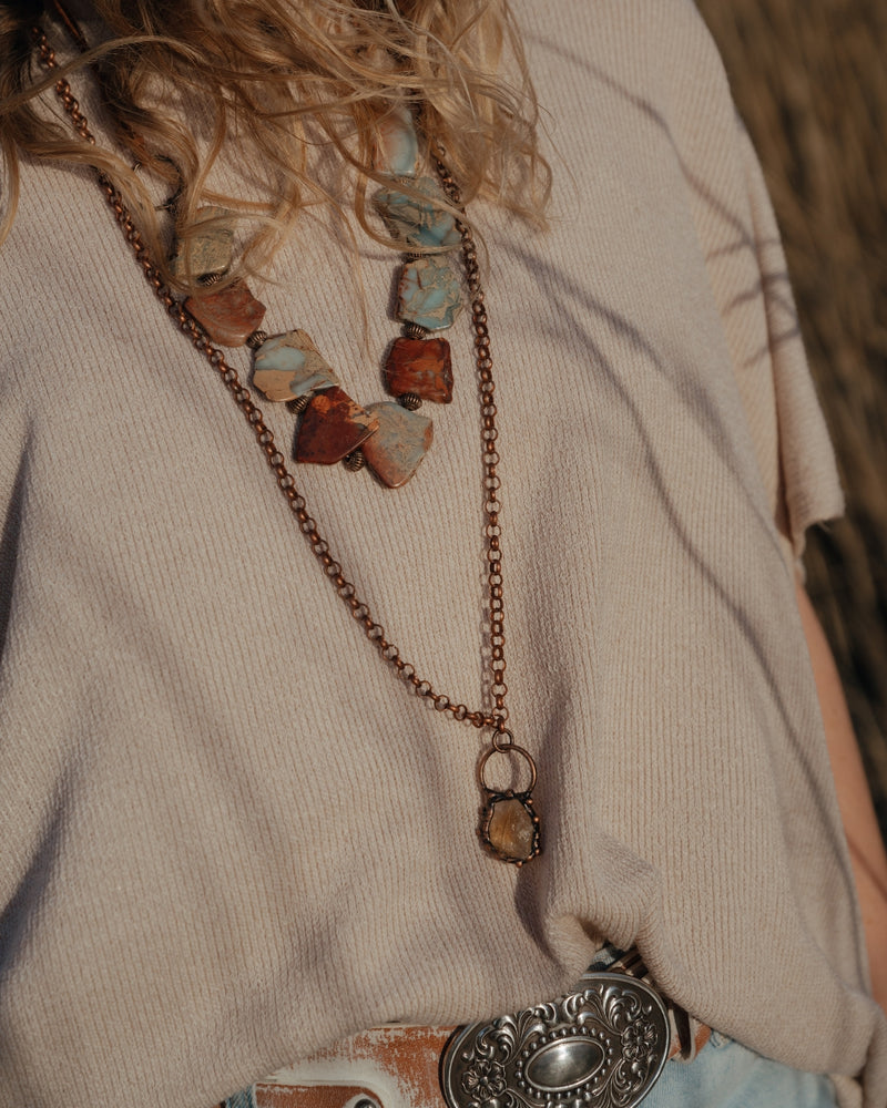 Genuine Citrine and Copper Pendant Long Necklace