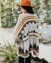 Geometric boho cardigan kimono in green, blue and tan colour