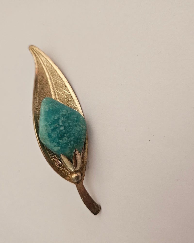 Turquoise & Gold Leaf Brooch