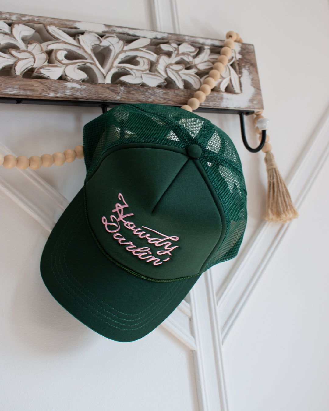 Green Howdy Darlin' trucker cap with pink embroidery, three-quarter view
