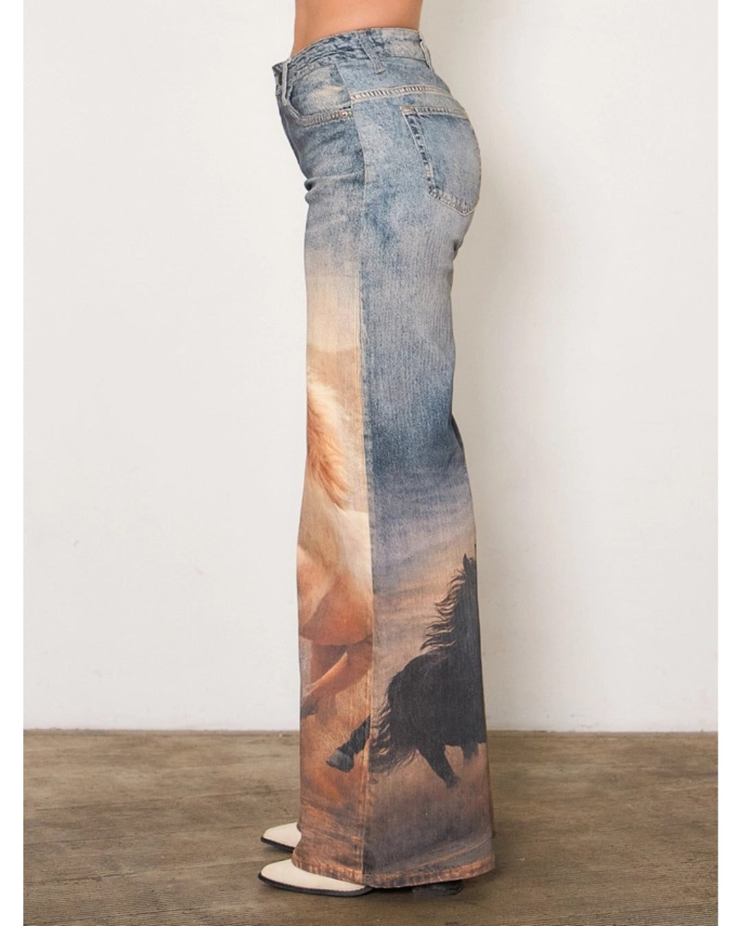 Wild Spirit Horse Print High-Waisted Wide Leg Jeans