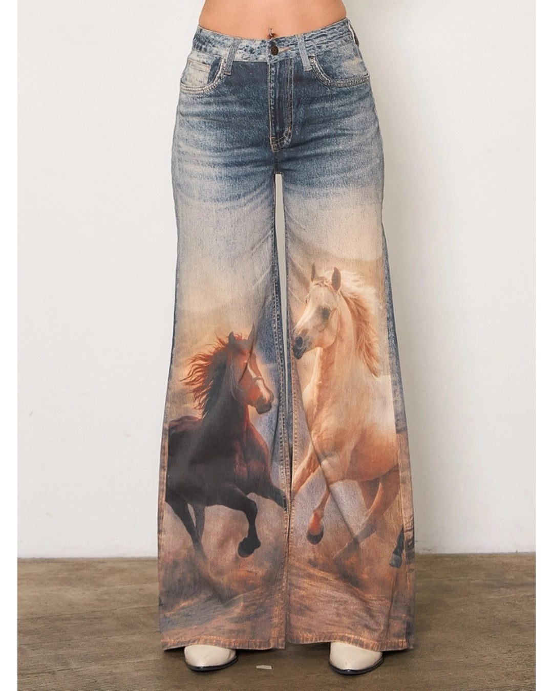 Wild Spirit Horse Print High-Waisted Wide Leg Jeans