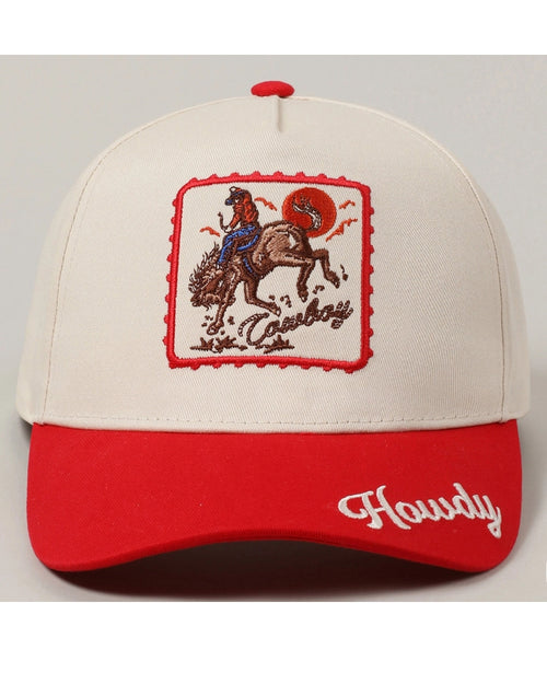 Howdy Cowboy Two-Toned Cap front view showing detailed cowboy and horse embroidery