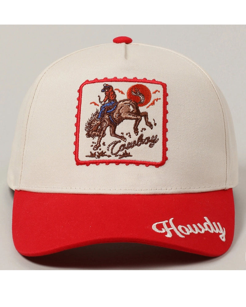 Howdy Cowboy Two-Toned Cap front view showing detailed cowboy and horse embroidery