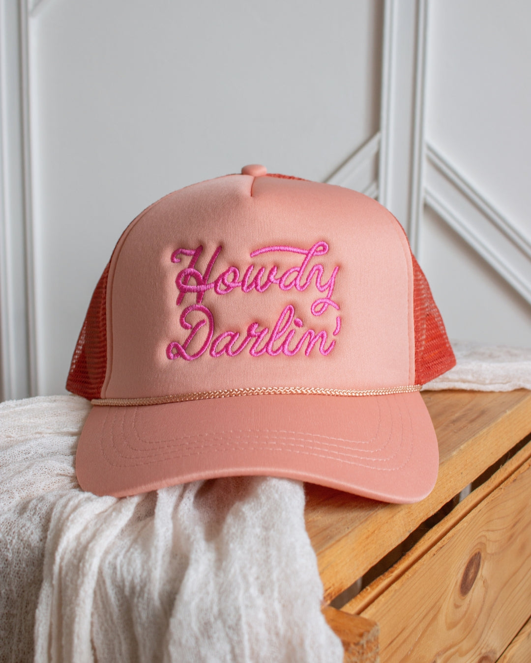 Howdy Darlin' pink western trucker cap, front view