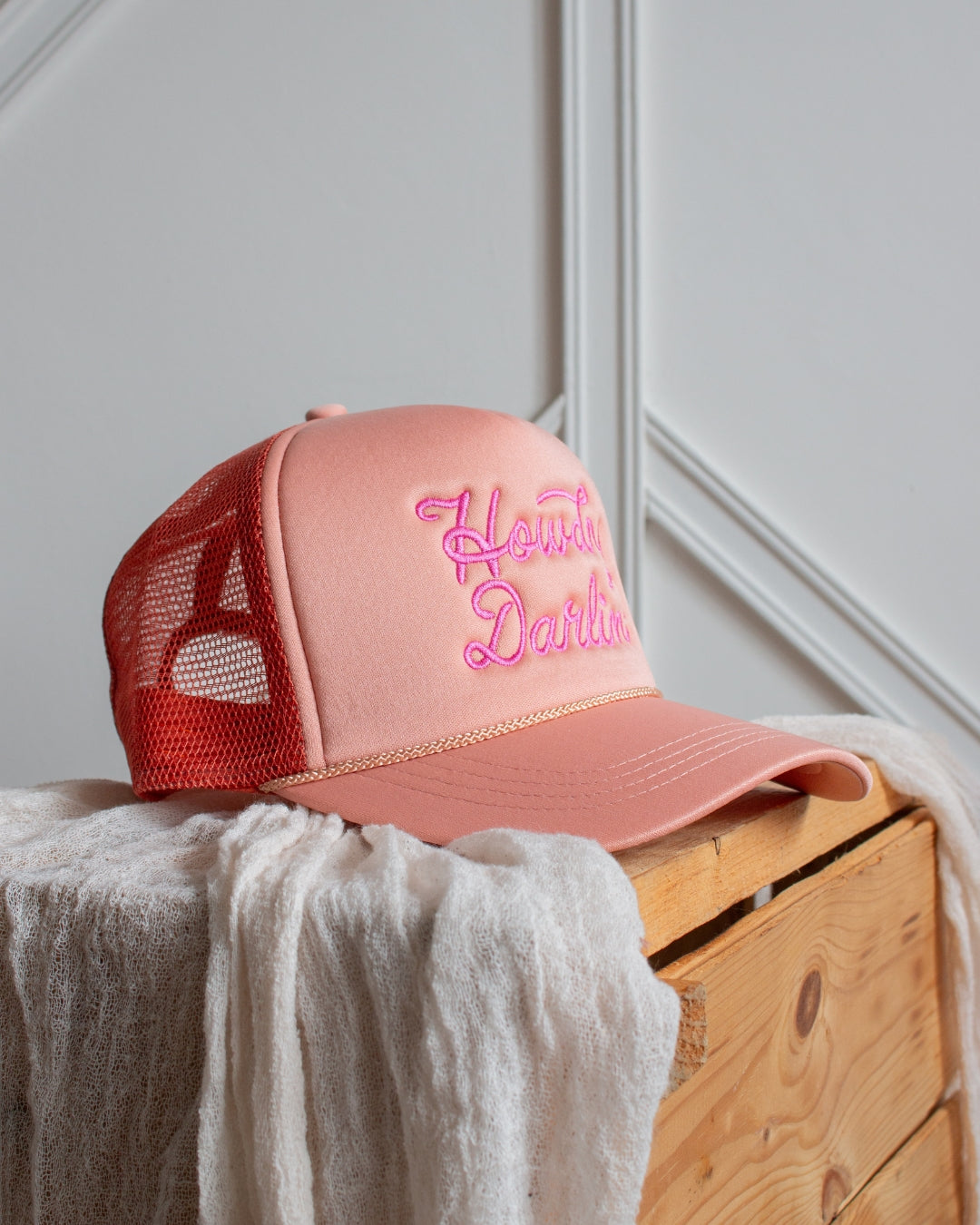 Howdy Darlin' pink trucker cap, three-quarter view