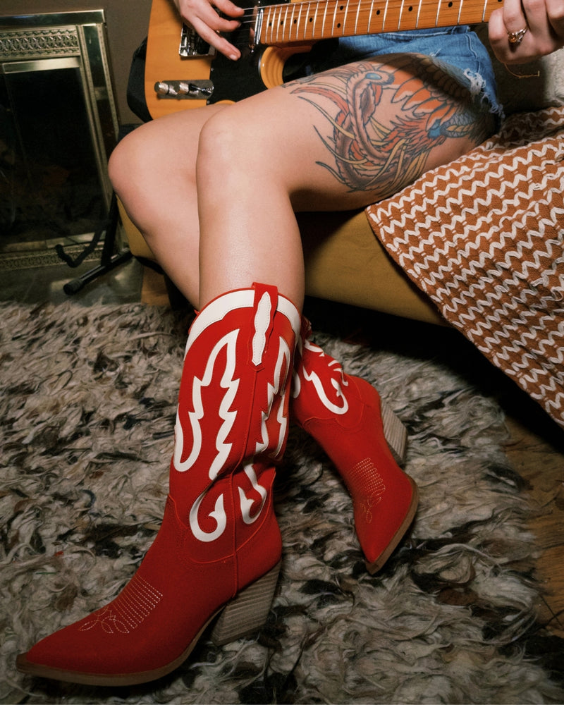 Red and white women's cowboy boots