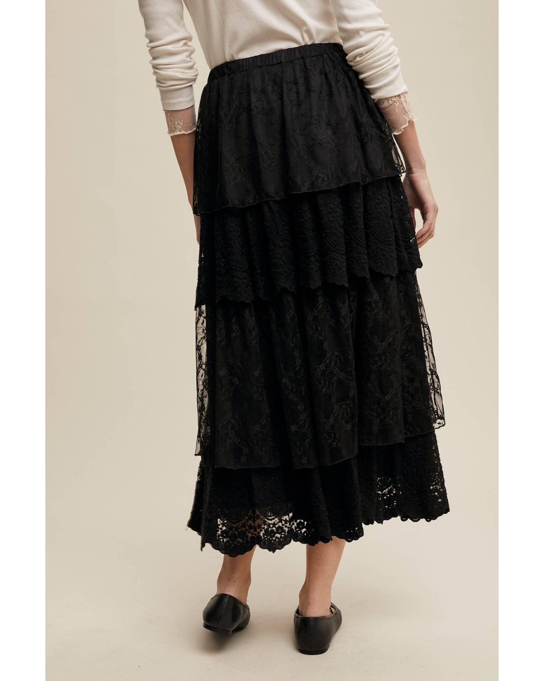 Lace tiered maxi skirt in black