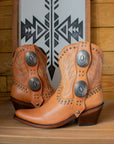Liberty Black Shirley amber leather ankle cowboy boots, pair view showing concho detail