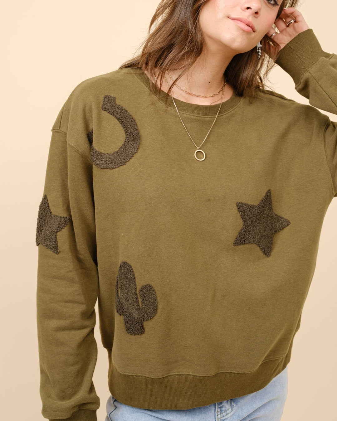 Olive Western Textured Patch Sweatshirt