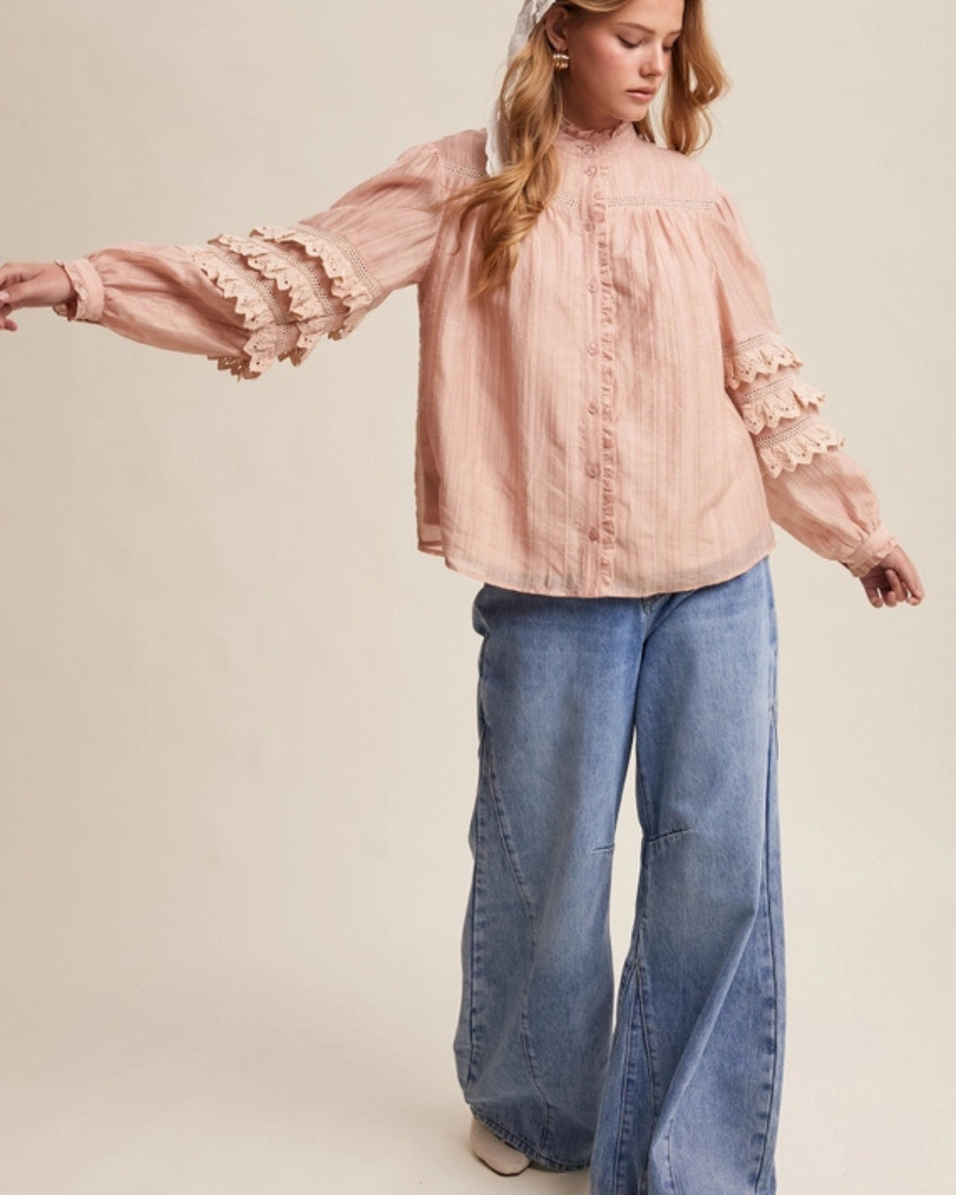 Prairie Dreamer Lace Ruffle Pintuck Blouse