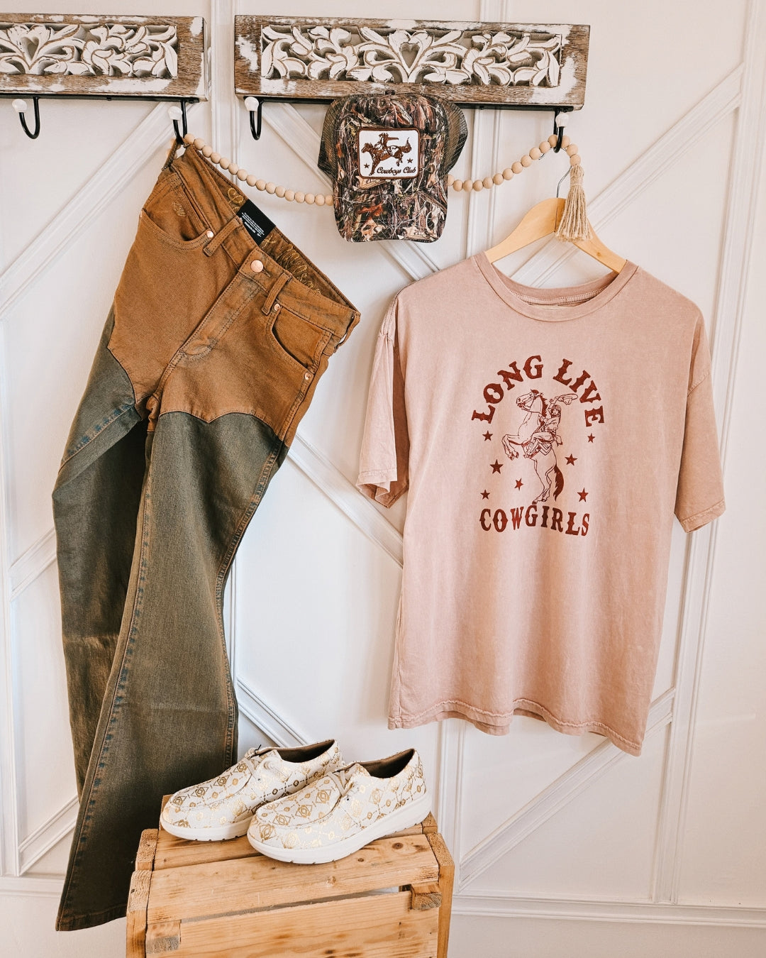 Pink "Long Live Cowgirls" graphic tee with relaxed unisex fit and rodeo-inspired print