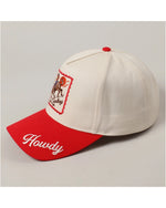 Side angle of Howdy Cowboy Two-Toned Cap highlighting the word howdy