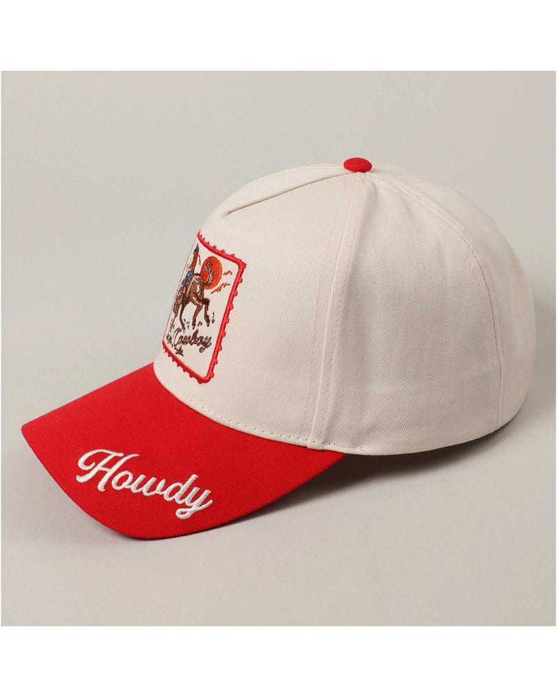 Side angle of Howdy Cowboy Two-Toned Cap highlighting the word howdy