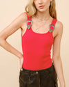 Studio shot of model in Ribbed Western Buckle Red Bodysuit showing front view with embellished buckle straps