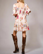 Long sleeve smocked western print mini dress rear