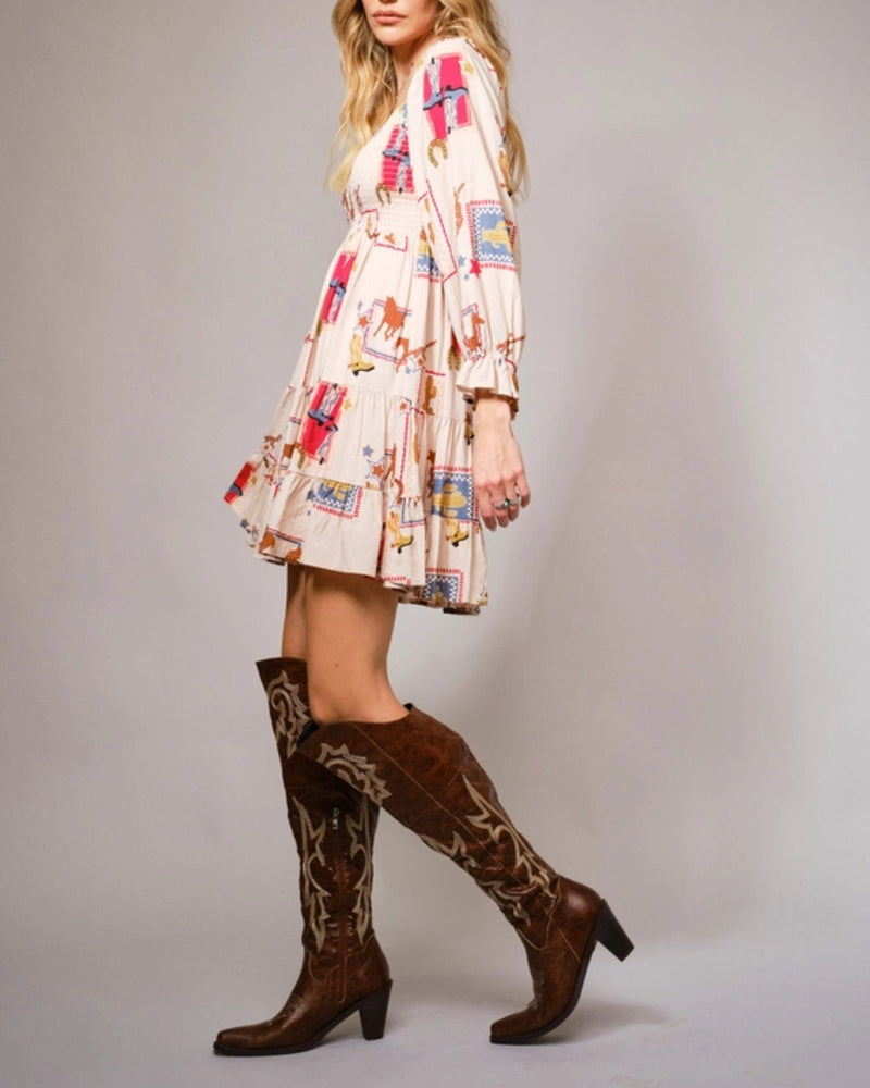 Western cowgirl print mini dress with cowboy boots