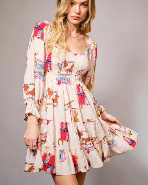 smocked western print mini dress