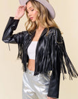 Black Studded Faux Leather Fringe Jacket