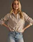 Tan, Mauve & White Plaid Button Up Soft Shirt