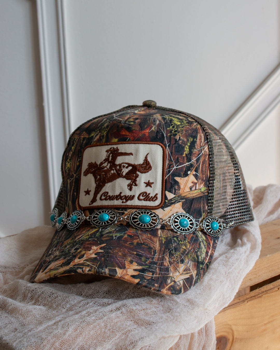 Turquoise concho cap chain with vibrant stone and durable metal construction