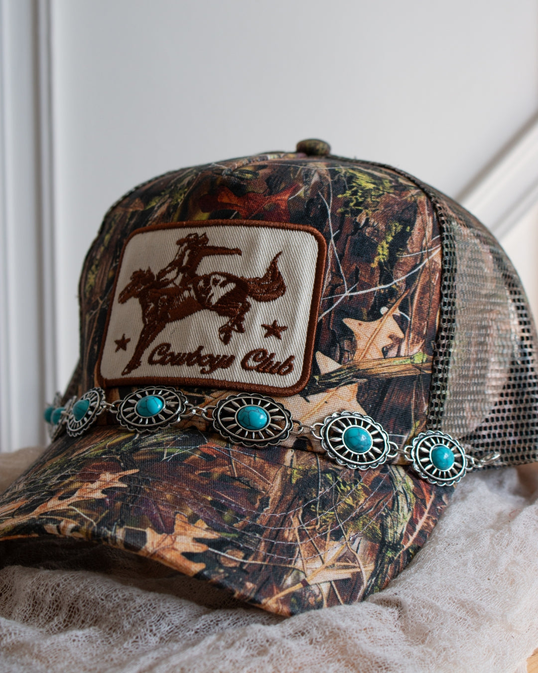 Western turquoise concho trucker cap chain accessory with silver-tone links