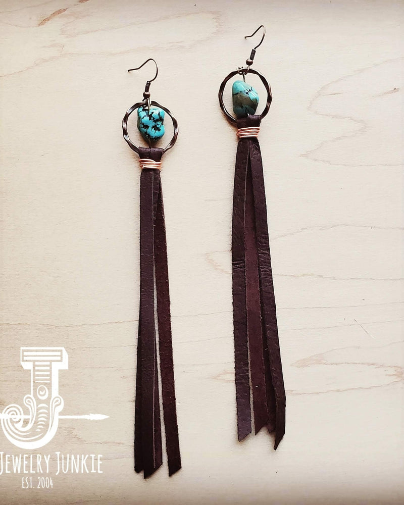 Turquoise Drop Earrings with Leather Tassel