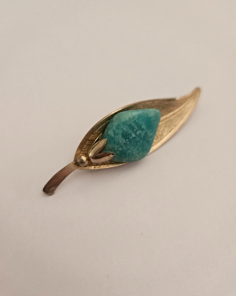 Turquoise & Gold Leaf Brooch