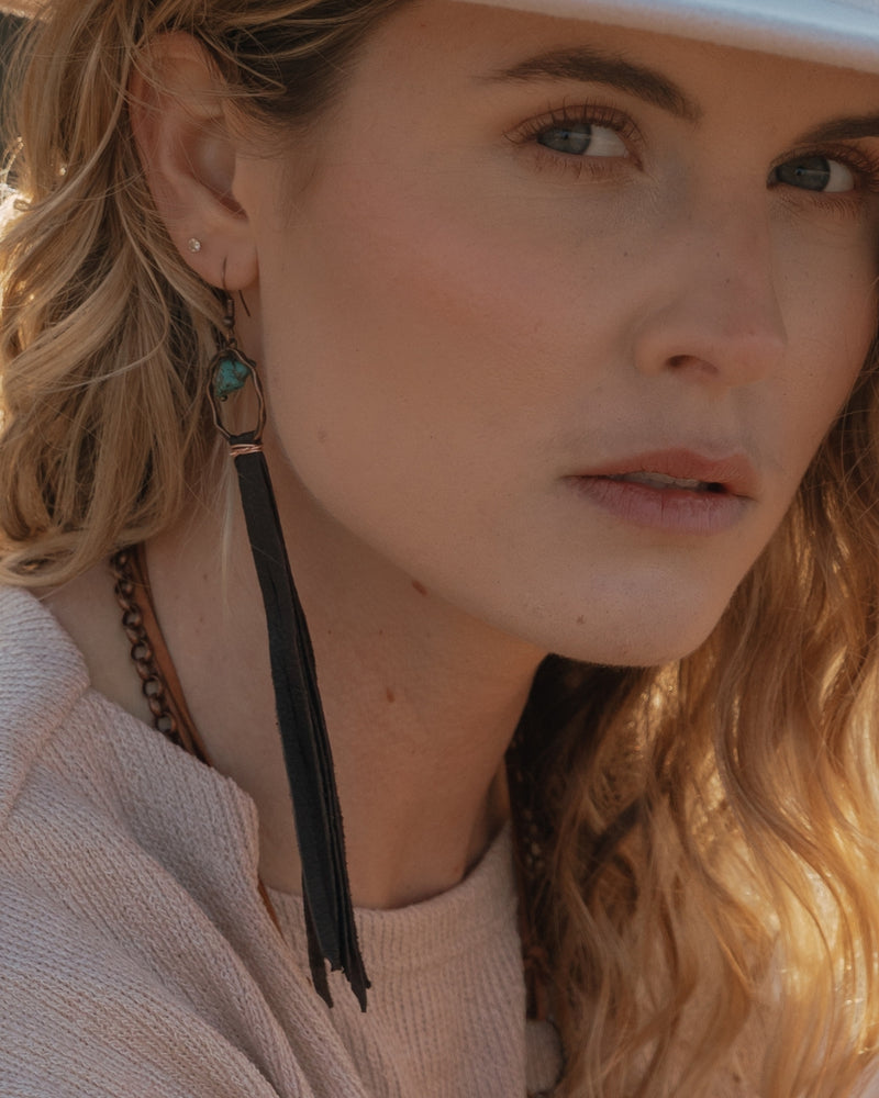 Turquoise Drop Earrings with Leather Tassel