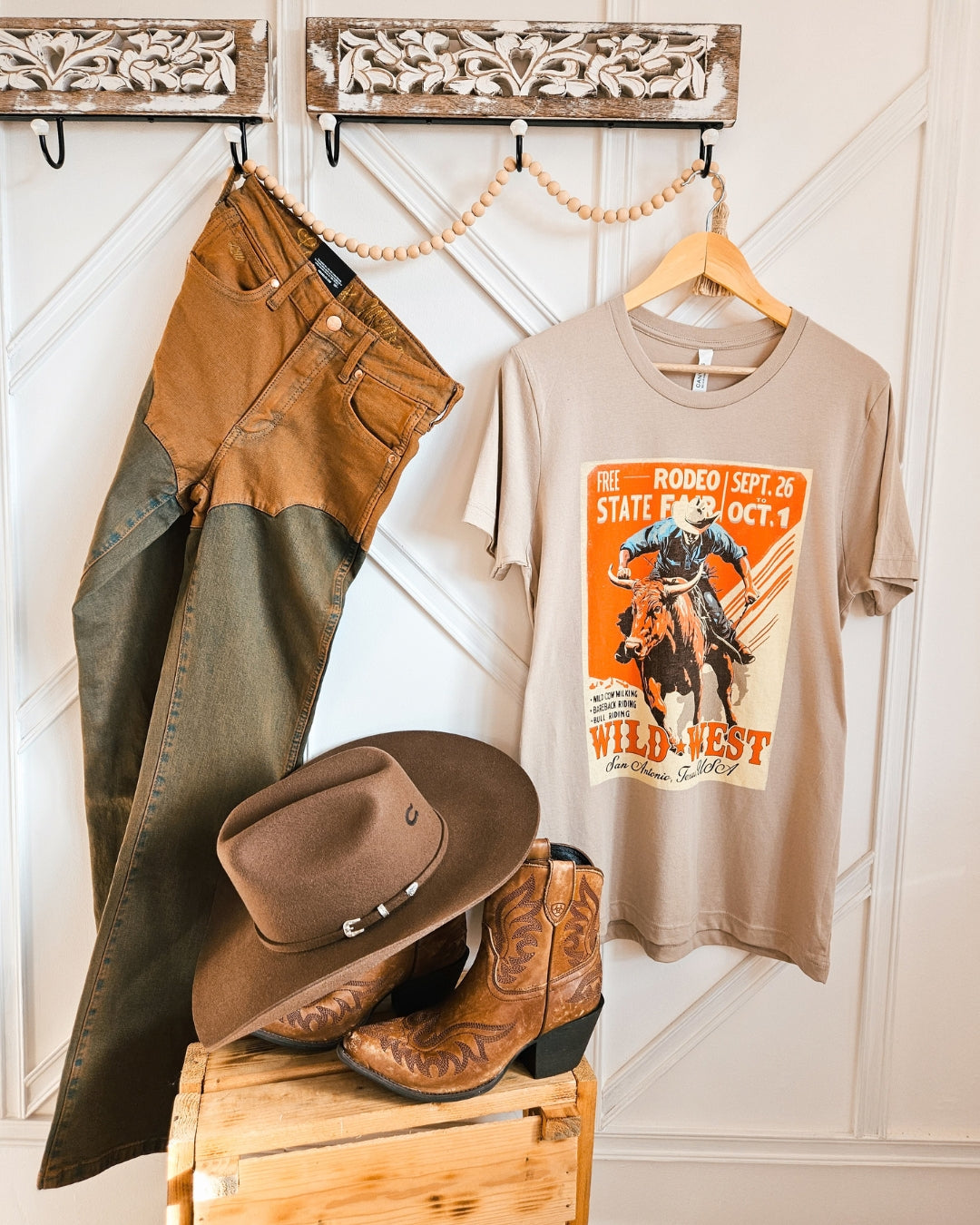 Vintage Wild West rodeo cowboy graphic tee styled in a Western outfit