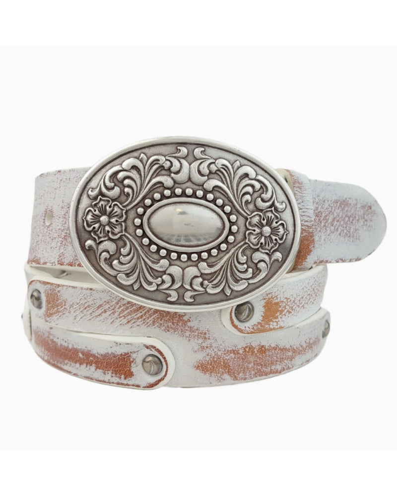Western Buckle Belt Distressed White