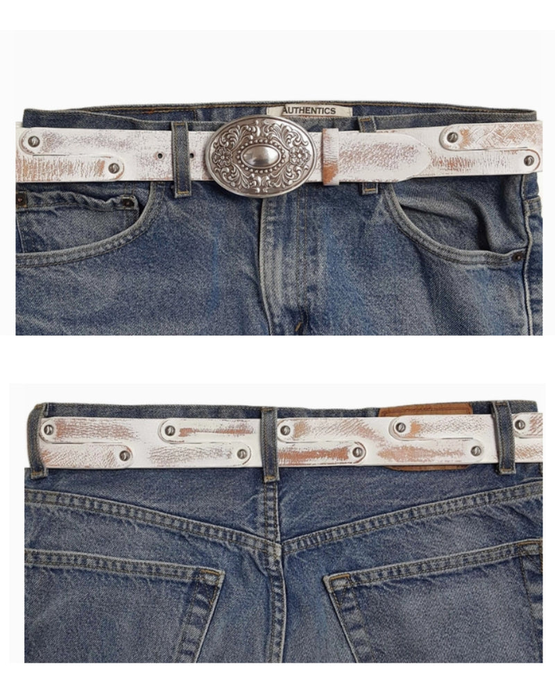 Western Buckle Belt Distressed White