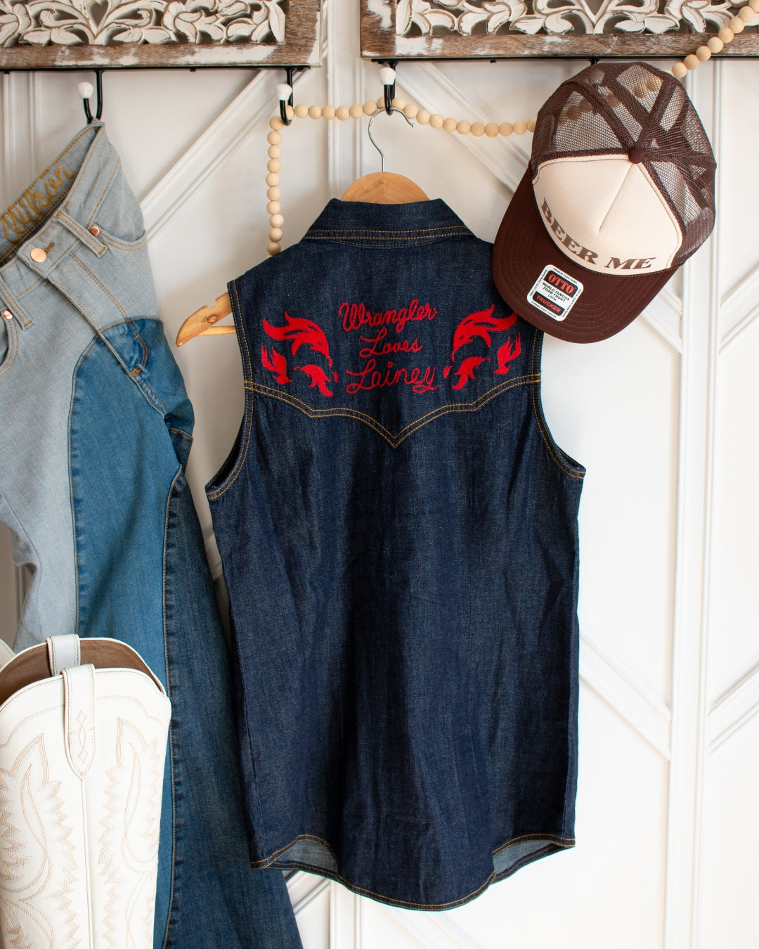 Dark indigo western denim shirt with red flame embroidery and copper collar tips