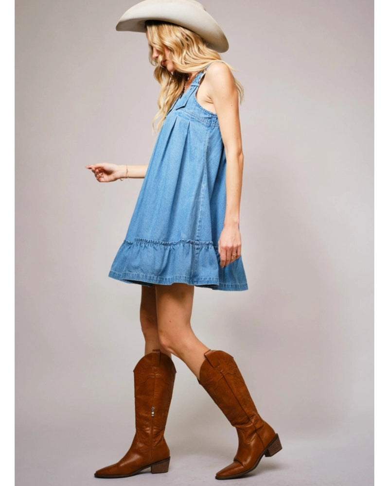Western Buckle Ruffle Denim Mini Dress