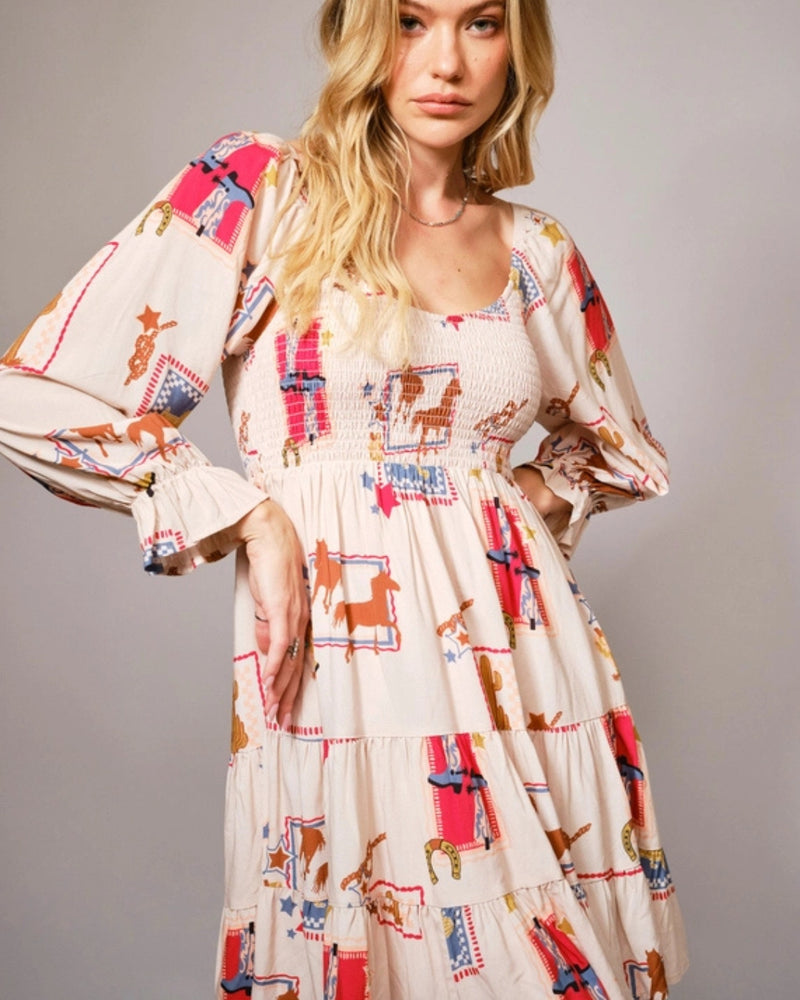 Long sleeve cowgirl print mini dress