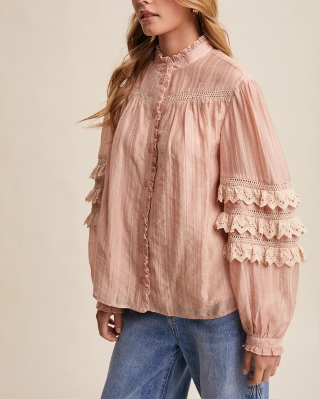 Prairie Dreamer Lace Ruffle Pintuck Blouse