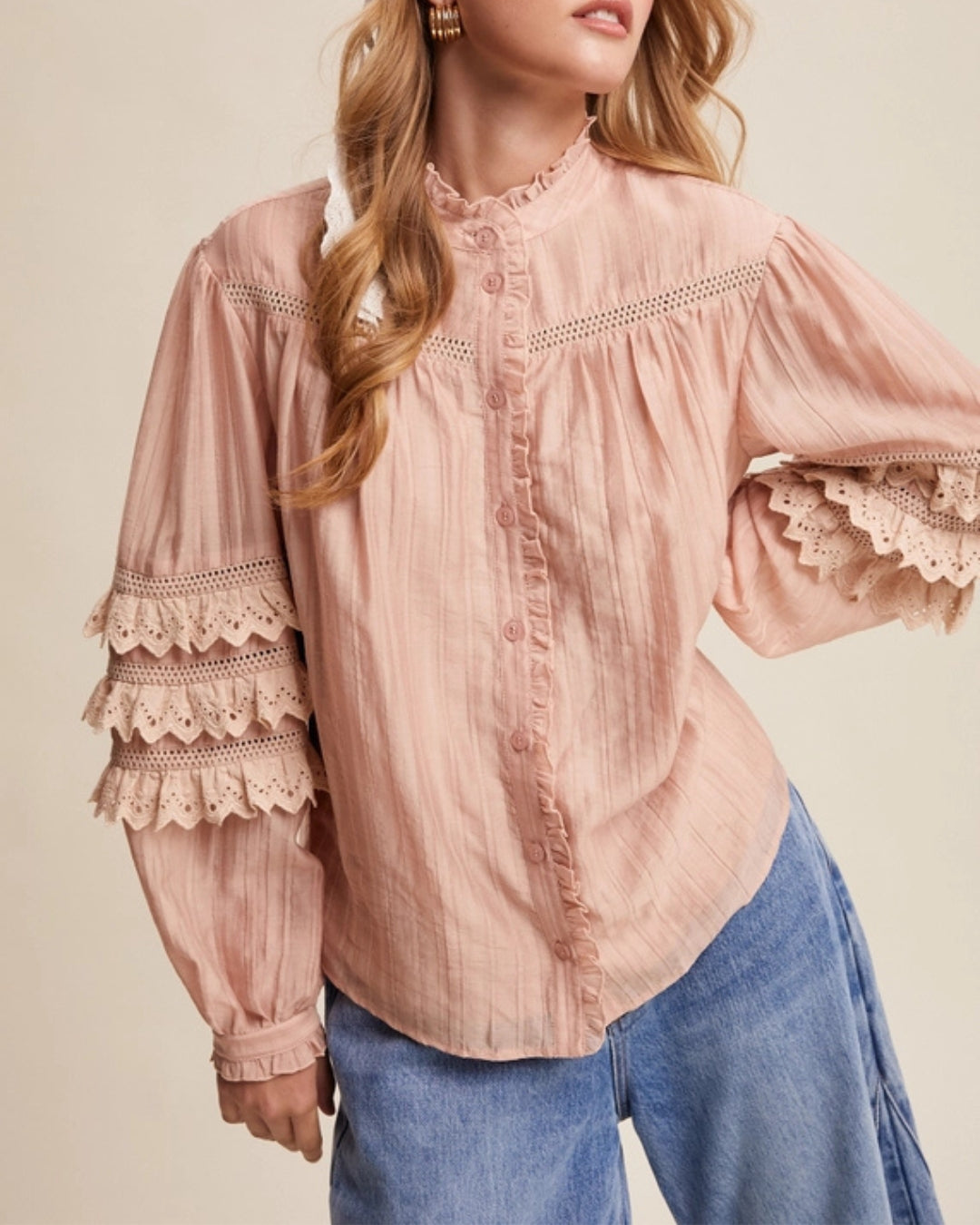 Prairie Dreamer Lace Ruffle Pintuck Blouse