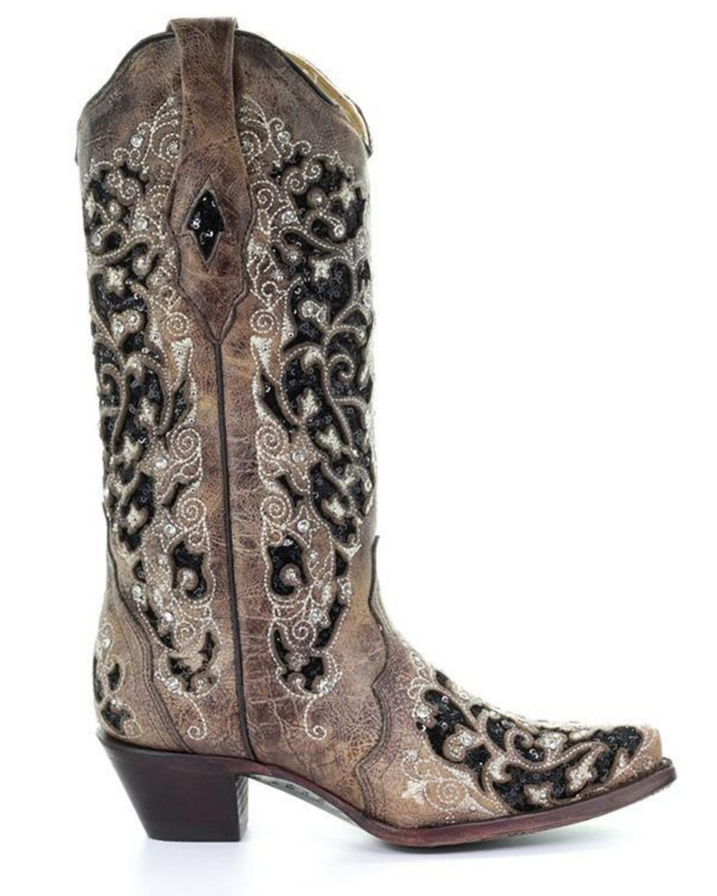 CORRAL BOOTS - A3569 BLACK SEQUIN INLAY COWBOY BOOTS