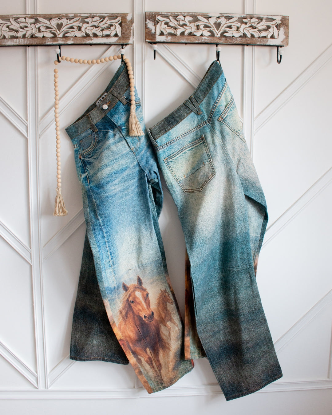 Wild West high-rise horse print barrel jeans in blue denim, front view