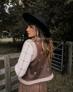 Embroidered Faux Suede Sherpa Vest