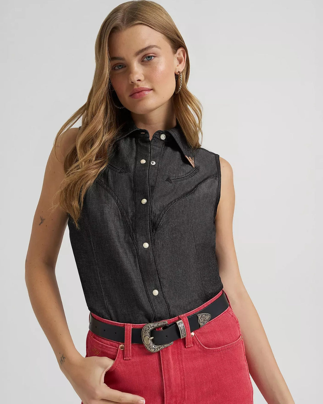 Wrangler x Lainey Wilson black denim sleeveless western shirt, main view
