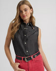 Wrangler x Lainey Wilson black denim sleeveless western shirt, main view