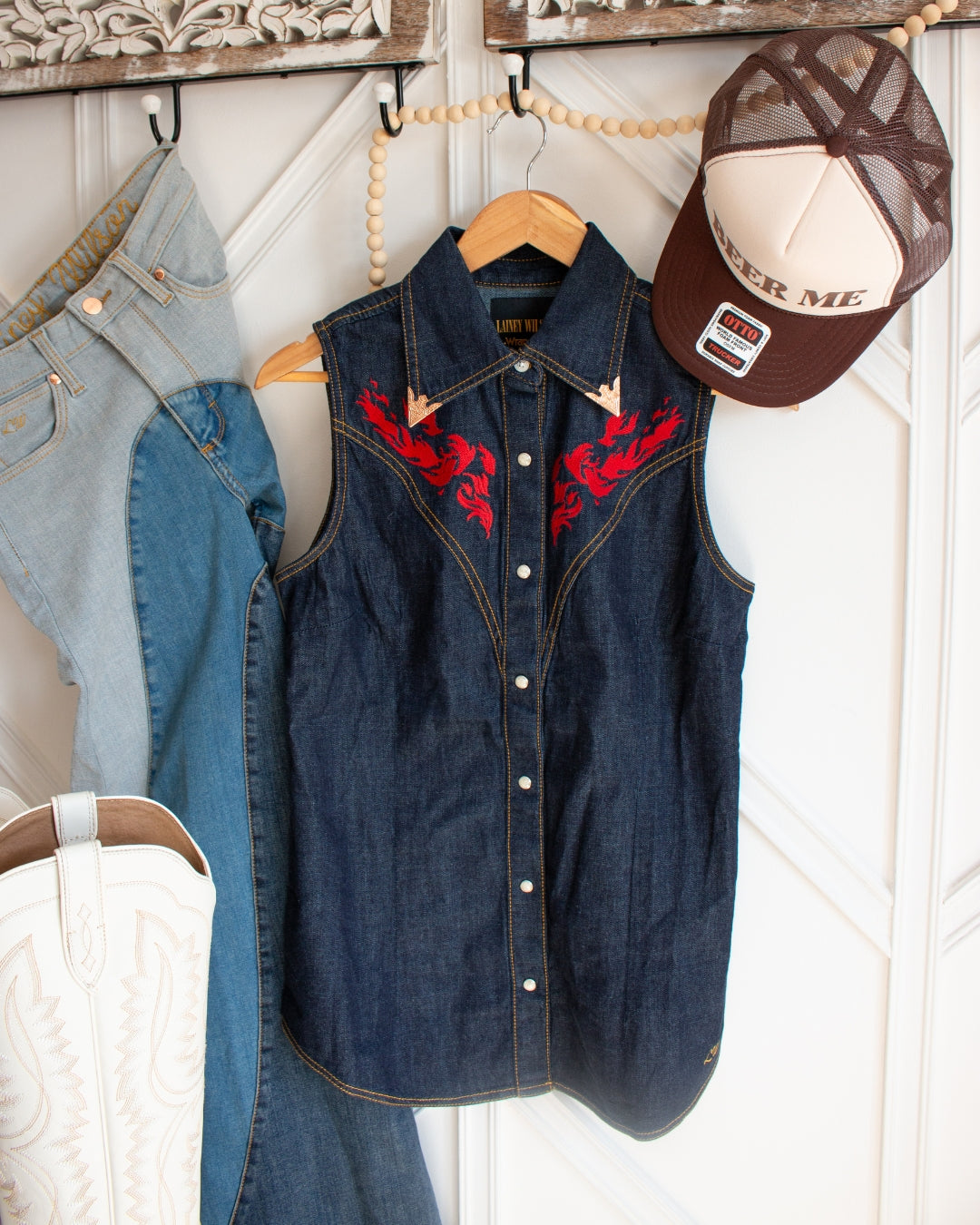 Wrangler x Lainey Wilson embroidered sleeveless denim shirt in indigo blue