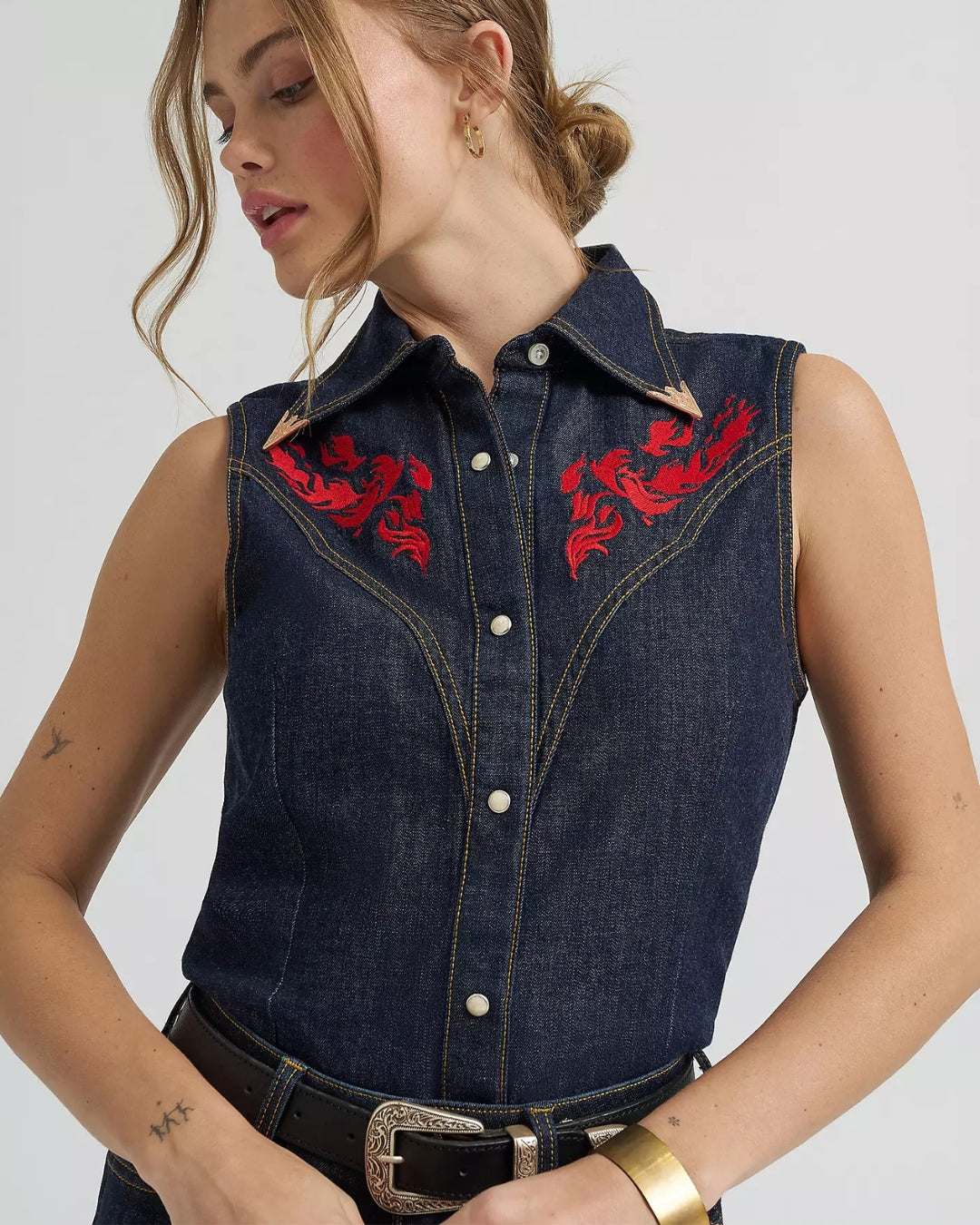Wrangler x Lainey Wilson embroidered sleeveless denim shirt, main view