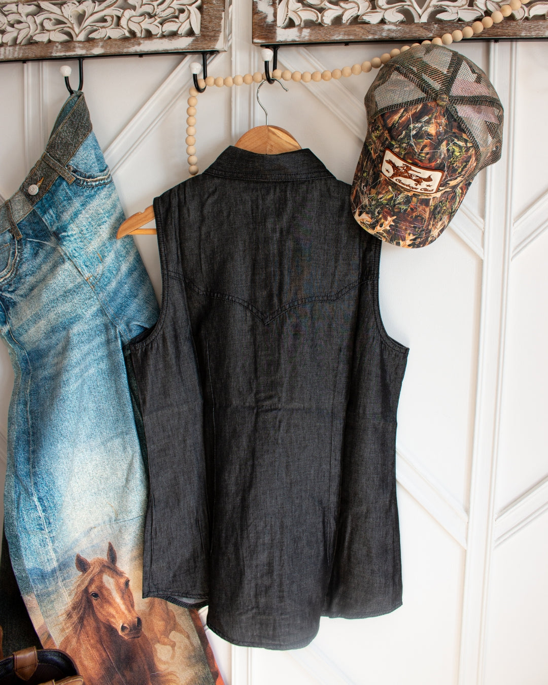 Wrangler x Lainey Wilson western denim shirt showing yoke and snap detail