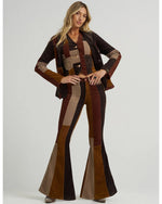Brown patchwork bell bottom flares by Lainey Wilson and Wrangler