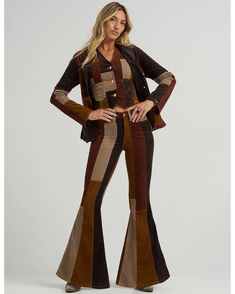 Brown patchwork bell bottom flares by Lainey Wilson and Wrangler
