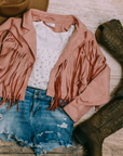 Faux Suede Fringe Jacket - Pink