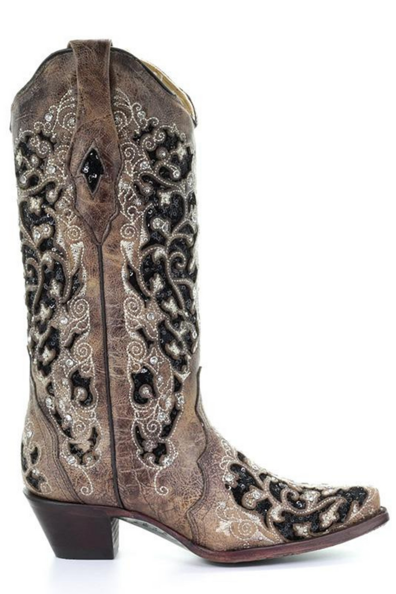 CORRAL BOOTS A3569 BLACK SEQUIN INLAY COWBOY BOOTS Melbelle