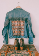 Melbelle wetsern denim jacket with aztec design and fringe detail in stonewash denim colour